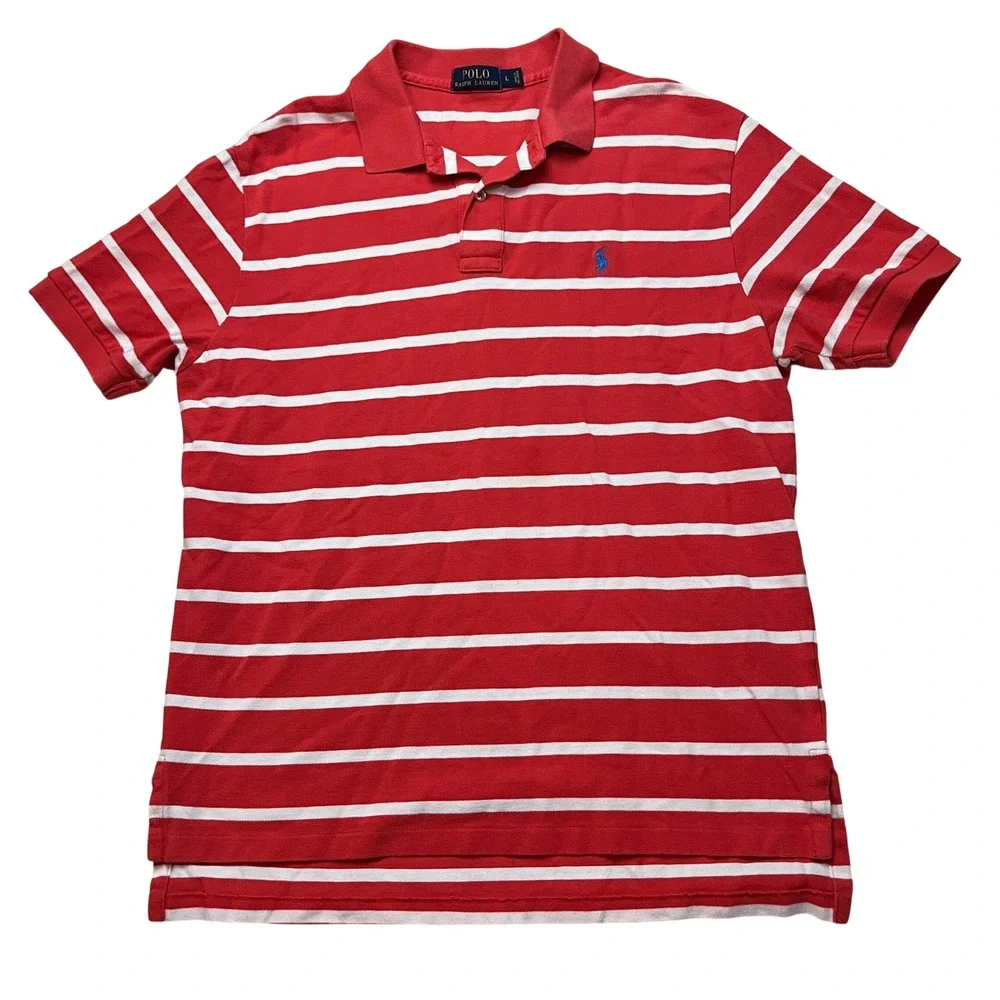 Polo Ralph Lauren Polo Shirt Mens L Red White Striped Short Sleeve Pony Logo